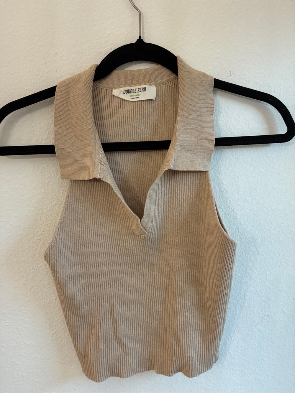 Double Zero Ribbed Sleeveless Polo Tank Top - Tan
